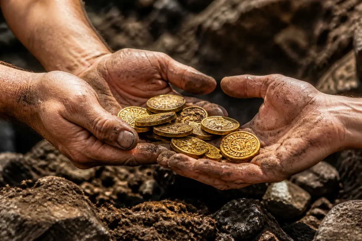 Mains partageant pieces anciennes dorees trouvees sous terre