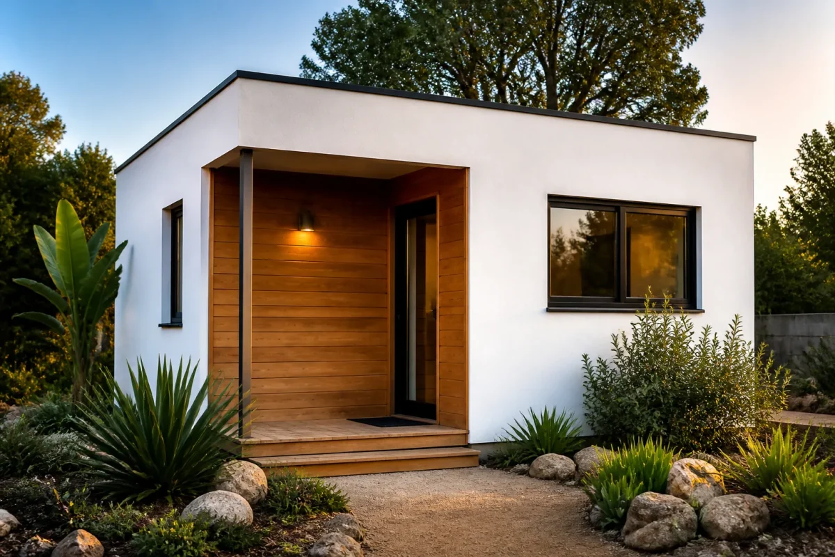 Petite maison blanche modulaire avec entree bois