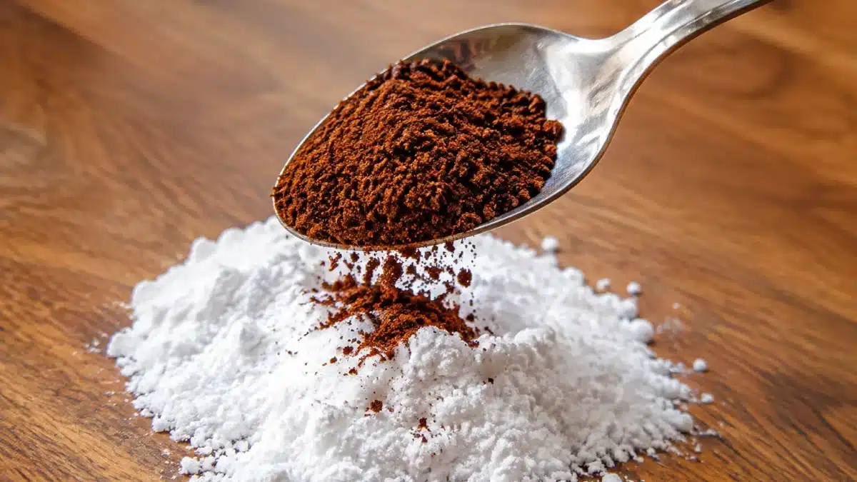 Cuillere versant marc cafe brun sur tas bicarbonate blanc