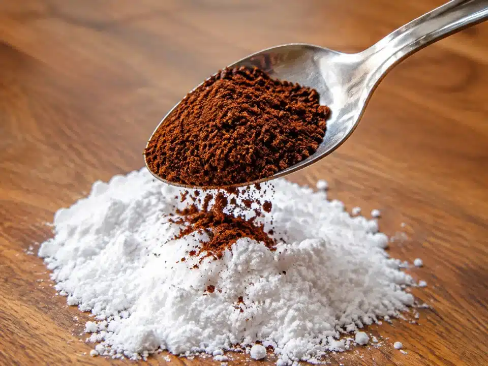 Cuillere versant marc cafe brun sur tas bicarbonate blanc