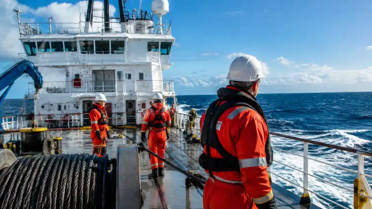 Navire câblier en mer avec équipage sur le pont supérieur