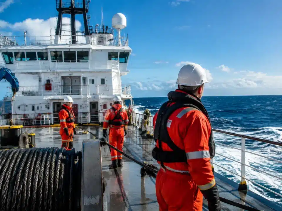 Navire câblier en mer avec équipage sur le pont supérieur