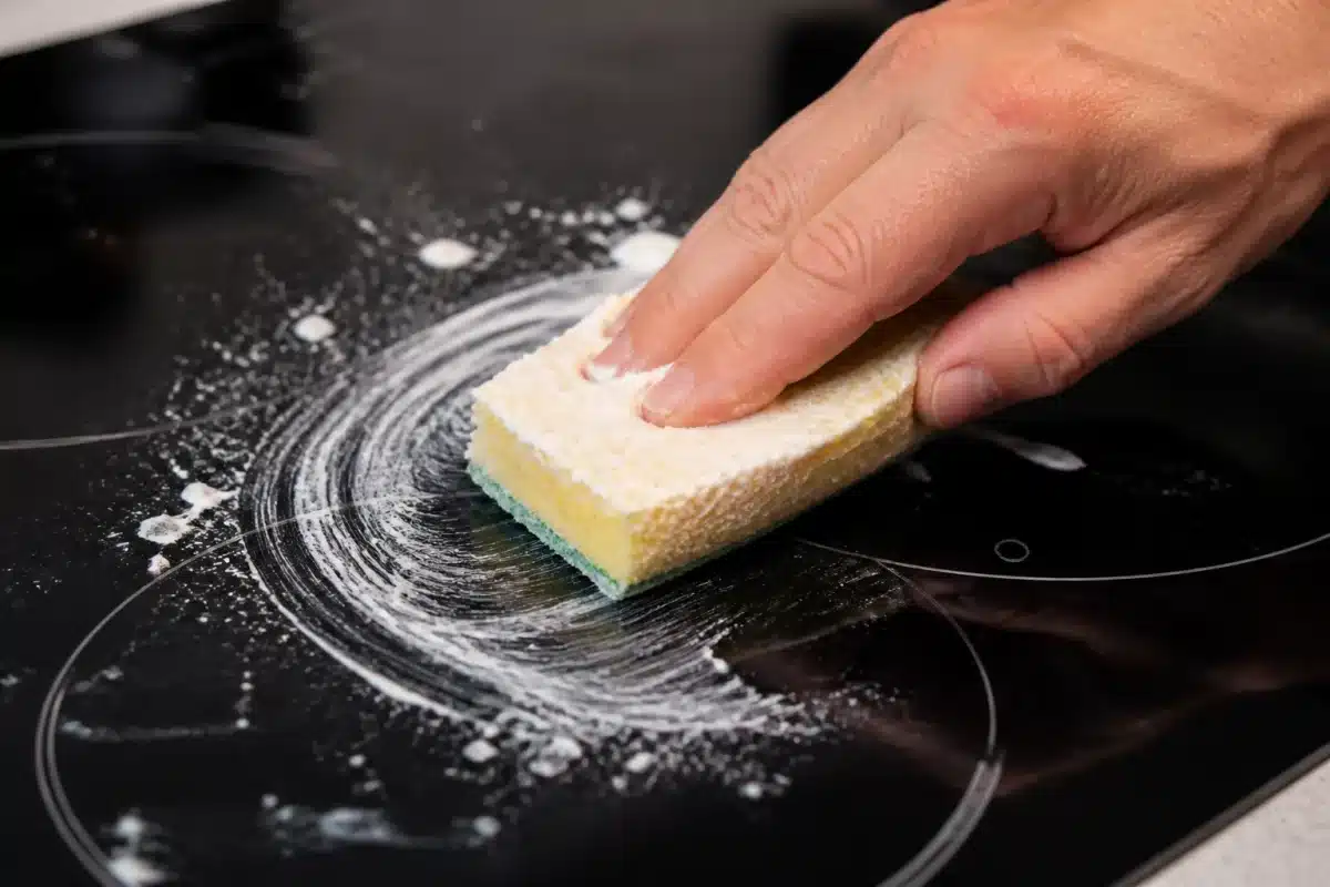 Eponge humide avec pate blanche nettoyant plaque cuisson