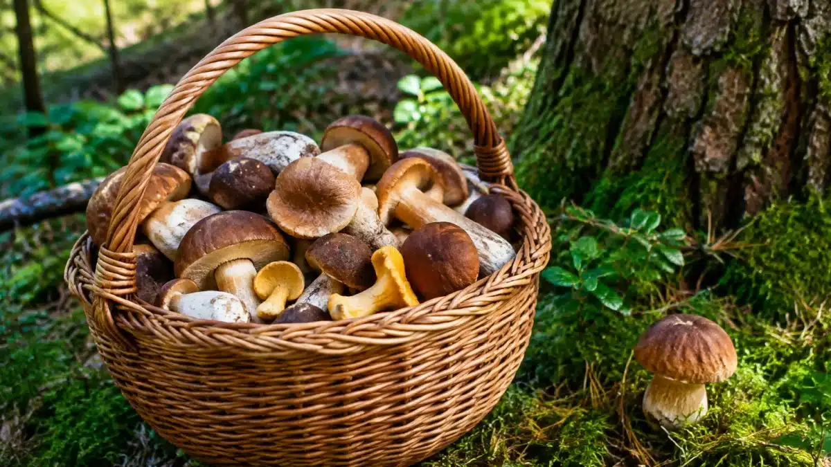 Panier rempli de champignons sous les arbres forestiers
