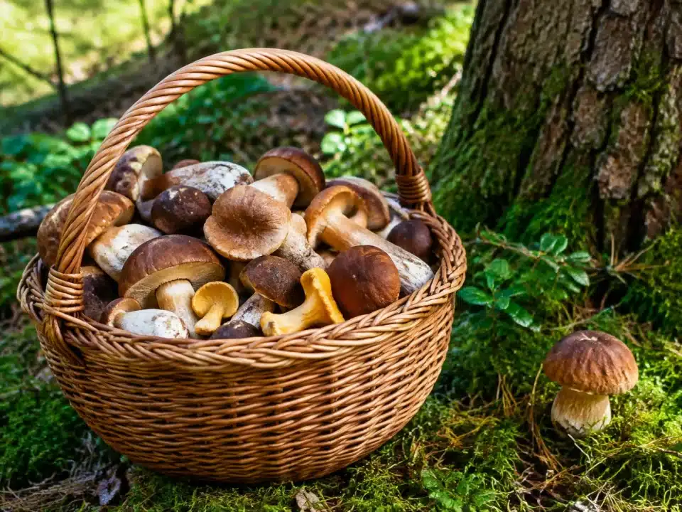 Panier rempli de champignons sous les arbres forestiers
