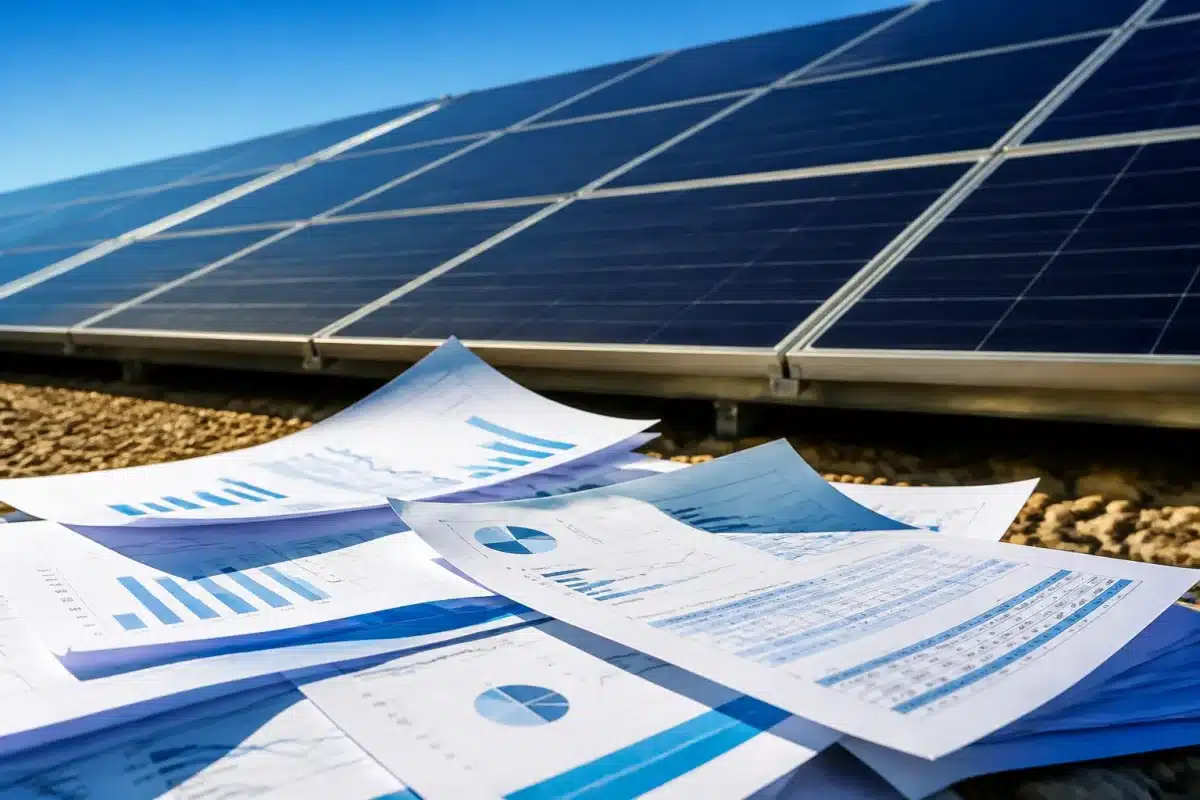 Panneaux solaires immobiles avec documents financiers éparpillés