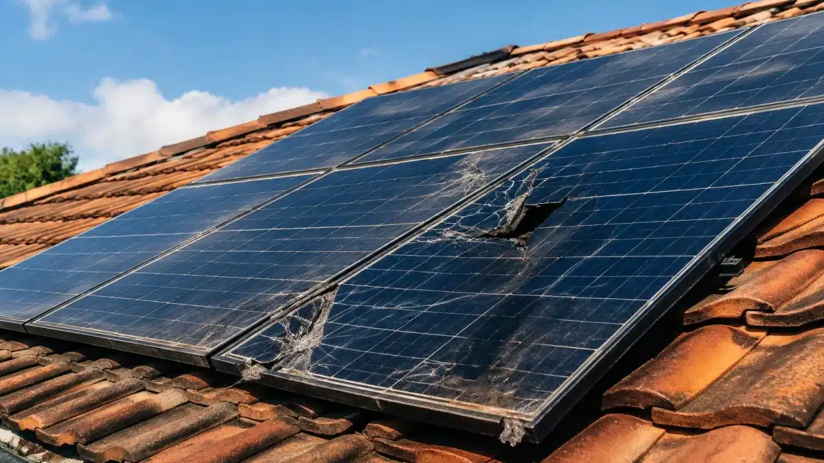 Panneaux solaires endommages fixes sur toit incline immobile.