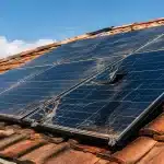 Panneaux solaires endommages fixes sur toit incline immobile.