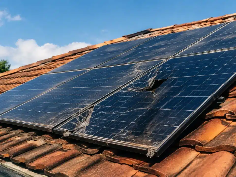 Panneaux solaires endommages fixes sur toit incline immobile.