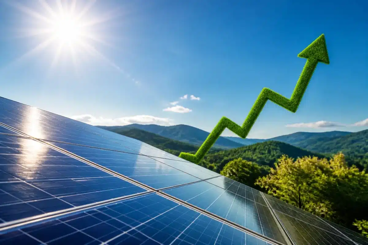 Panneaux solaires brillant sous le soleil avec graphique financier croissant
