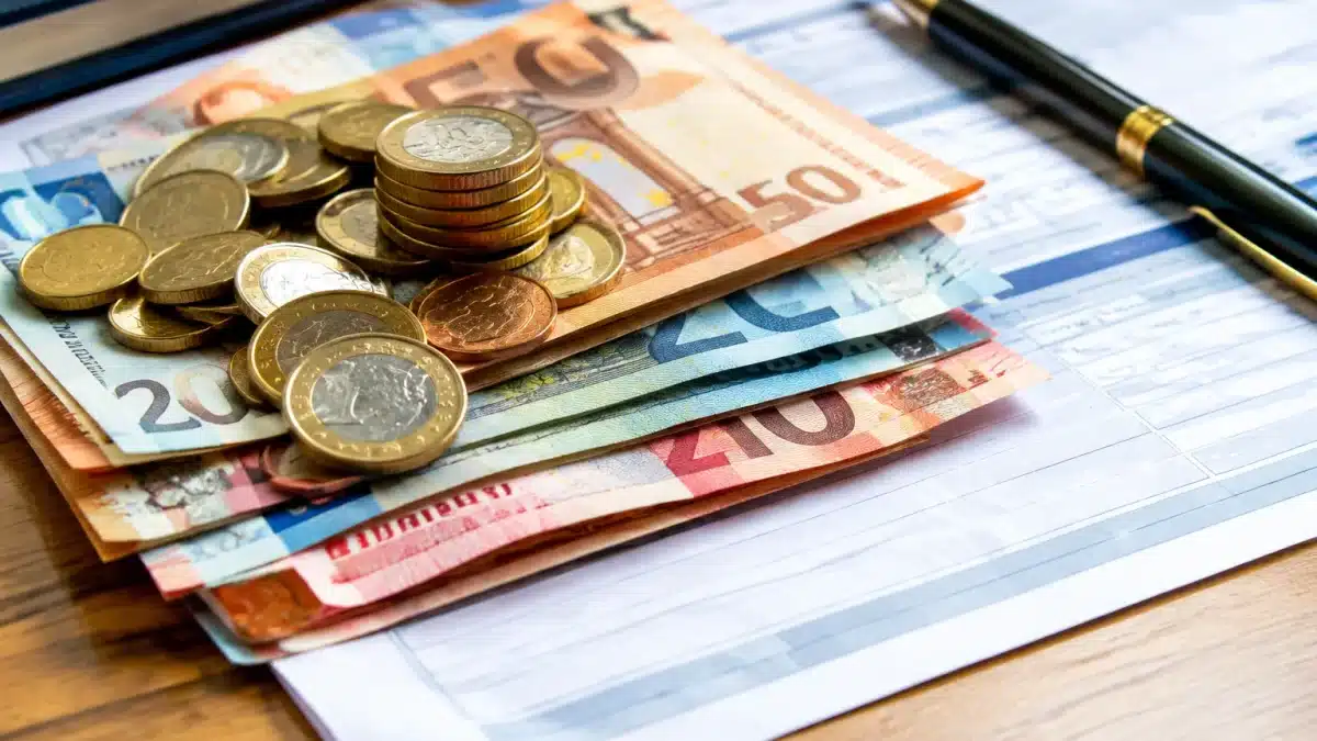 Billets et pieces de monnaie empiles sur document officiel 2026