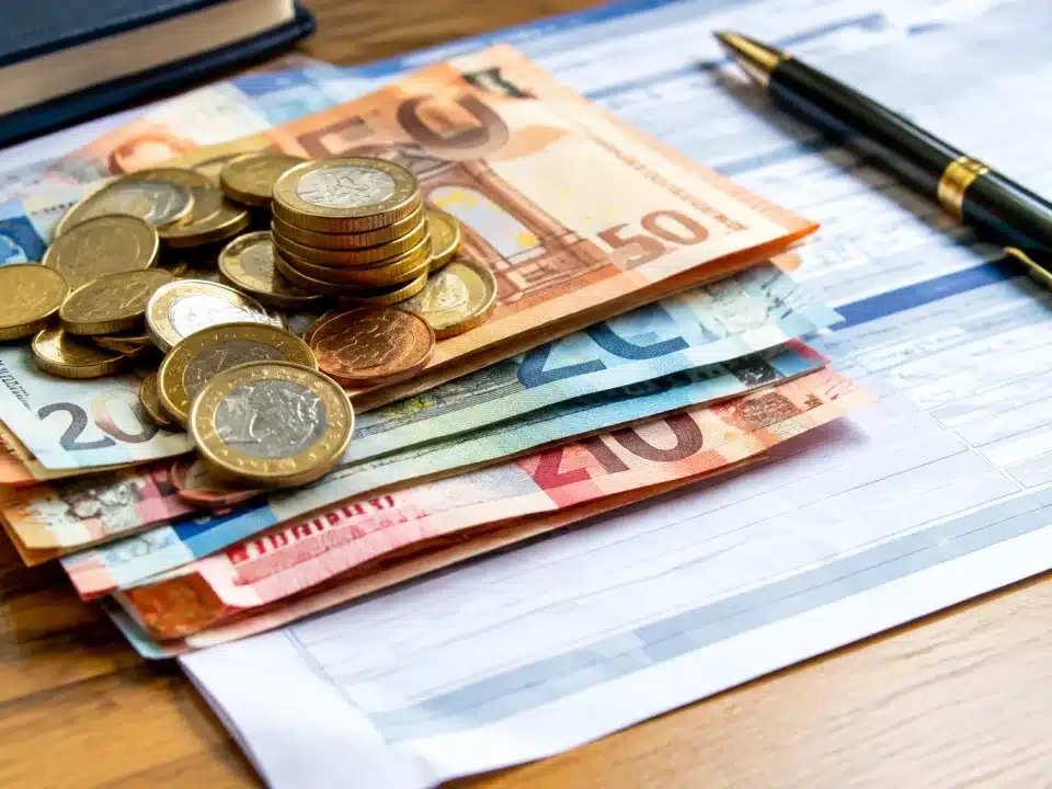 Billets et pieces de monnaie empiles sur document officiel 2026