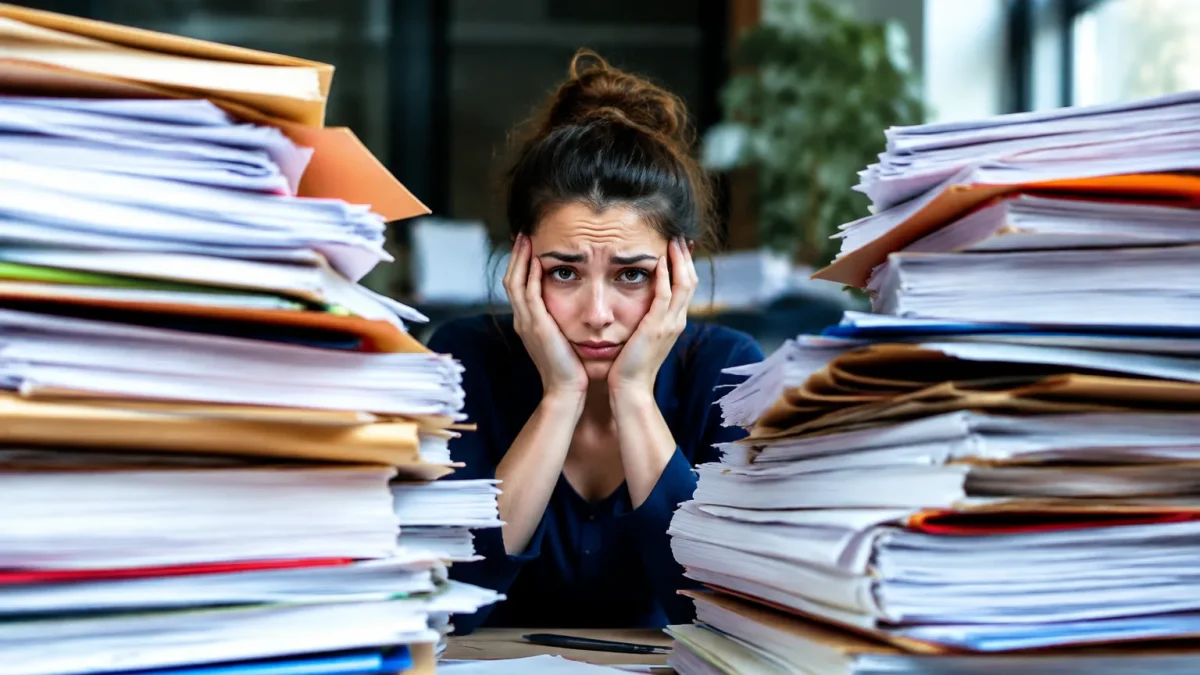 Petit groupe ploye sous des piles de papiers