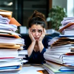 Petit groupe ploye sous des piles de papiers