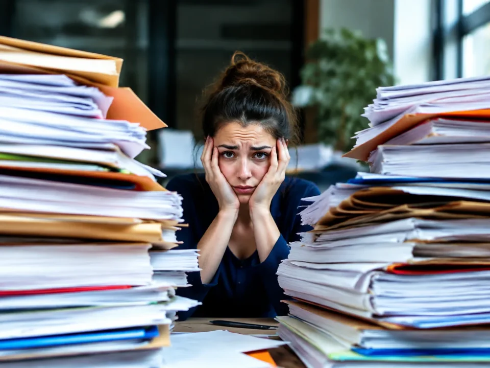 Petit groupe ploye sous des piles de papiers