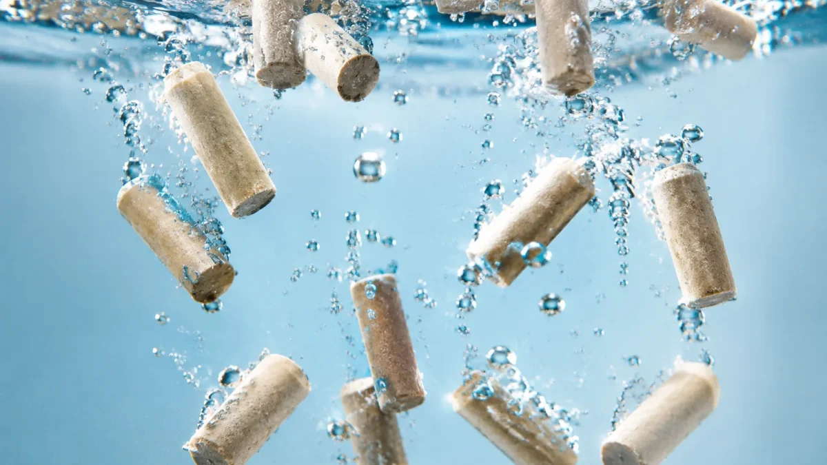 Petits cylindres beiges submerges verticalement dans un liquide limpide