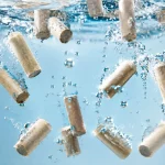Petits cylindres beiges submerges verticalement dans un liquide limpide