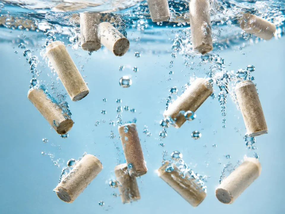 Petits cylindres beiges submerges verticalement dans un liquide limpide