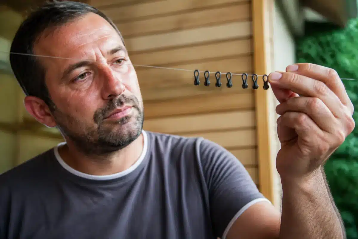 Homme montrant pinces enfilees sur fil mince