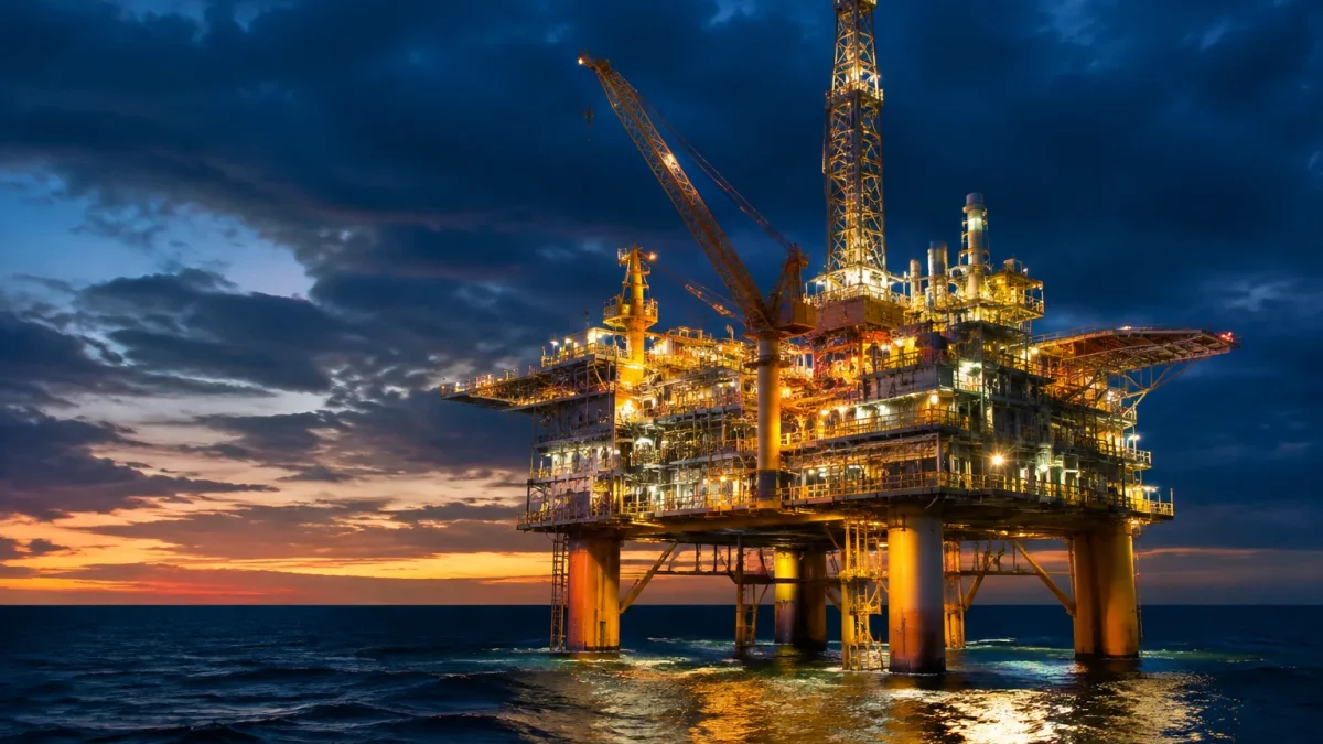 Plateforme acier massive derrick eclairee surplombant ocean sombre