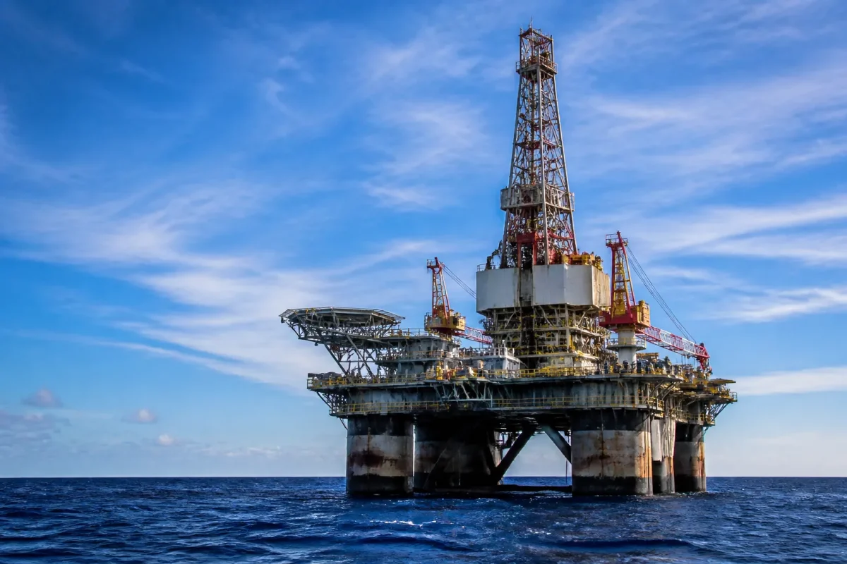 Plateforme de forage offshore en haute mer avec derricks