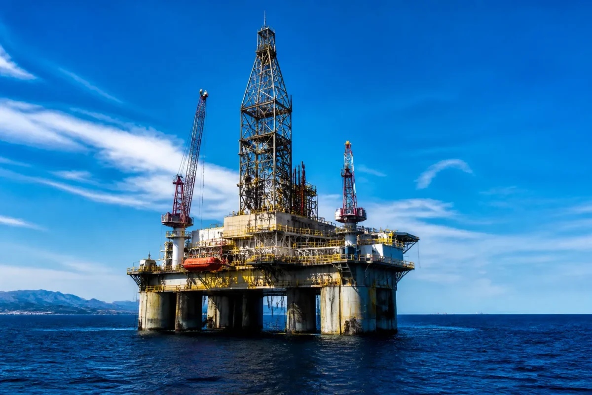 Plateforme petrole au large avec derricks acier