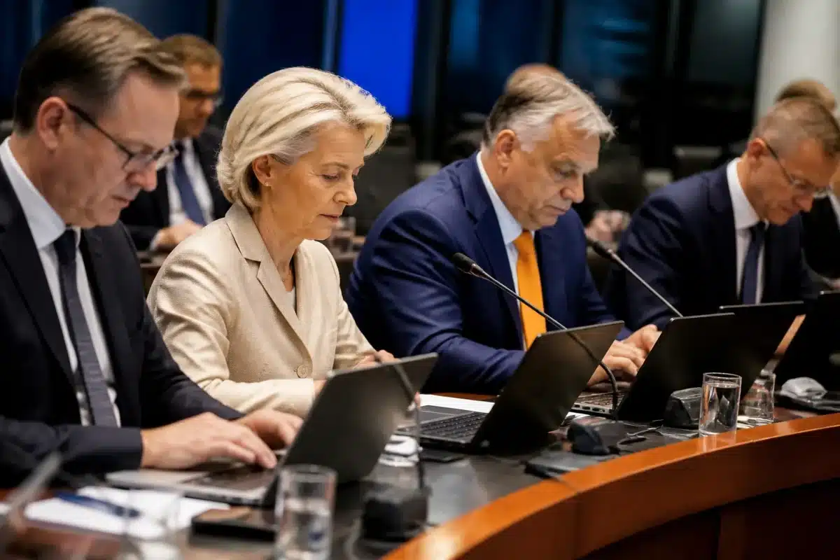 Politiciens européens tapant sur ordinateurs portables en salle de réunion