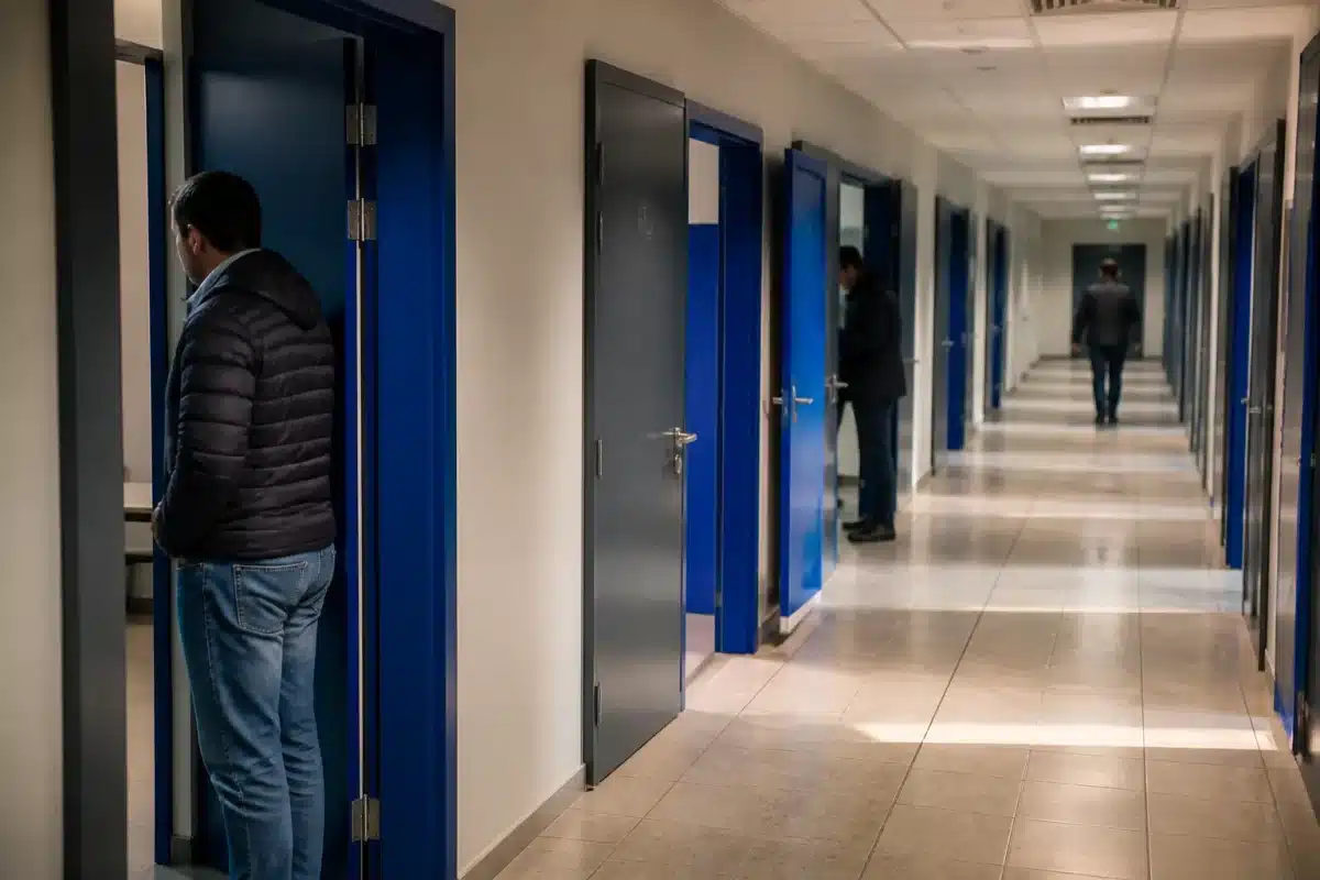 Plusieurs portes administratives avec panneaux de financement confus