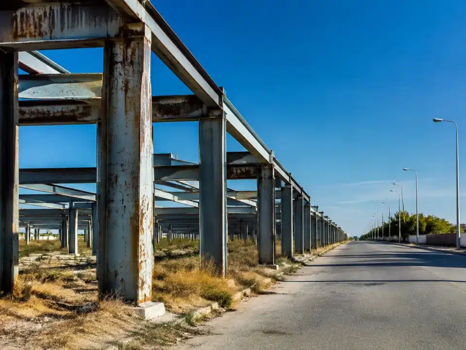 Structures metalliques grises alignees dans rue desertique, partiellement degradees