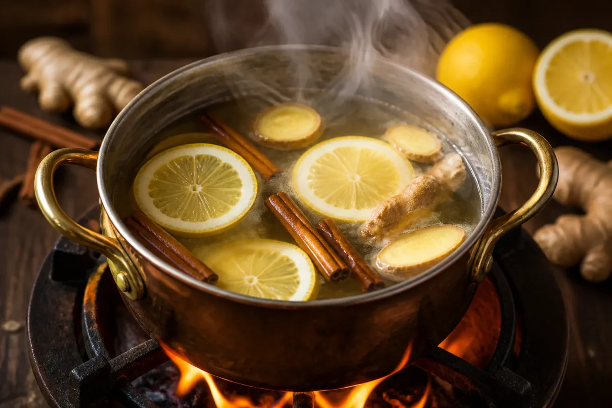Pot fumant avec citron cannelle gingembre sur feu