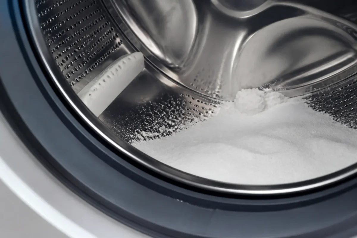 Poudre blanche bicarbonate dans tambour machine a laver