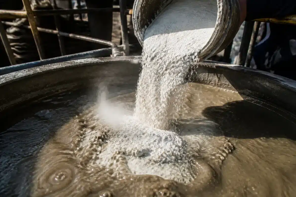 Poudre blanche versée dans fluide de forage industriel