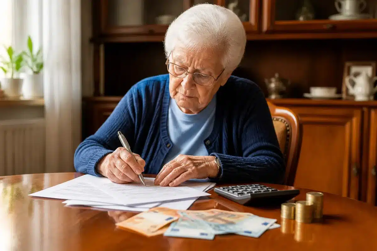 Personne signant documents retraite avec calculatrice et argent