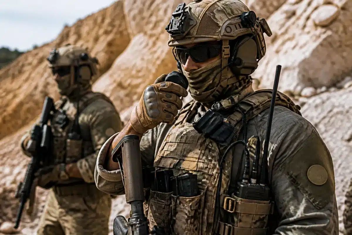 Soldats portant radios tactiques légères en mission