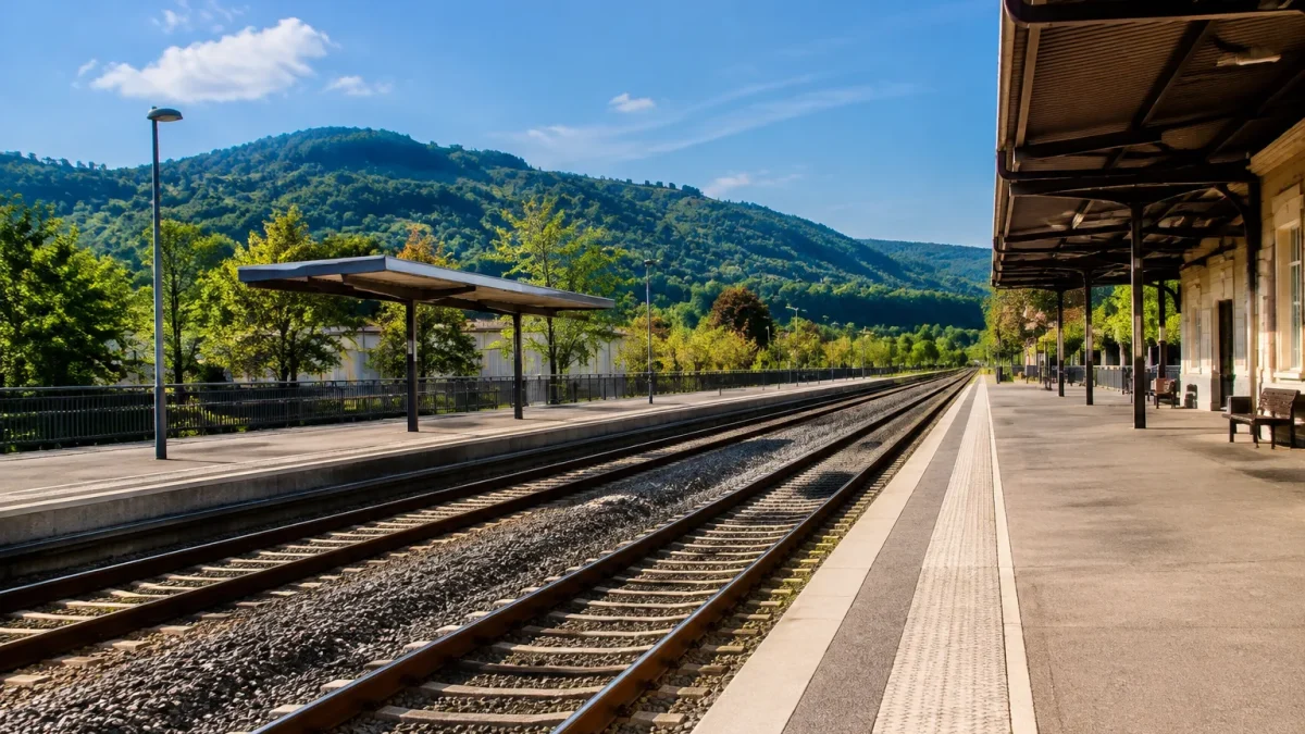 Rails vides avec gare deserte et quai immobile