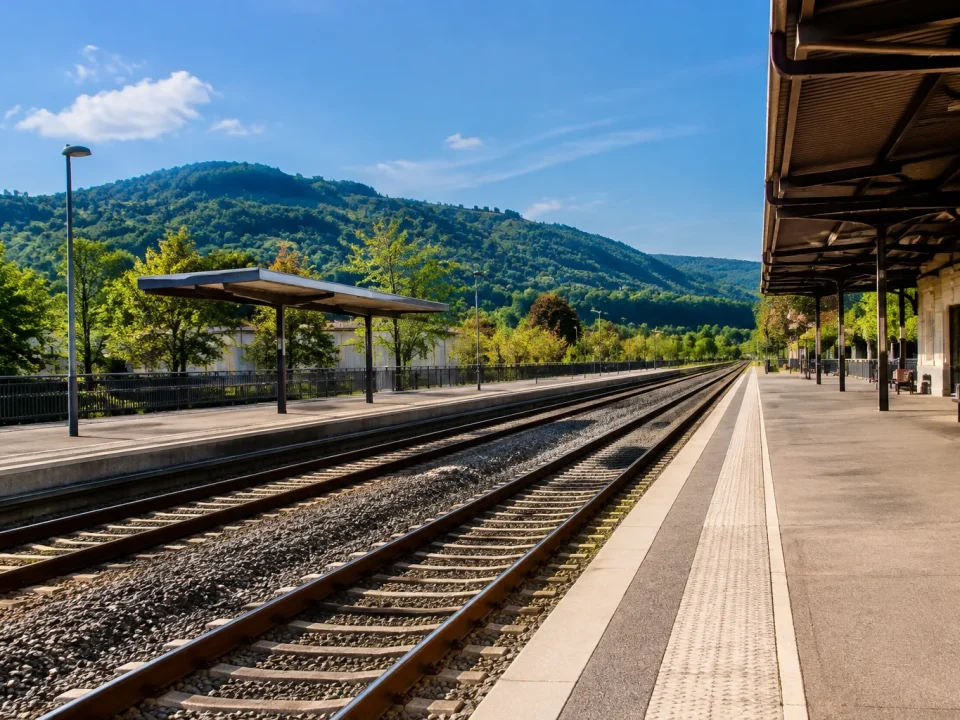 Rails vides avec gare deserte et quai immobile