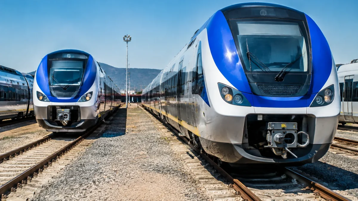 Rames bimodales stationnes en rangee sur rails depot