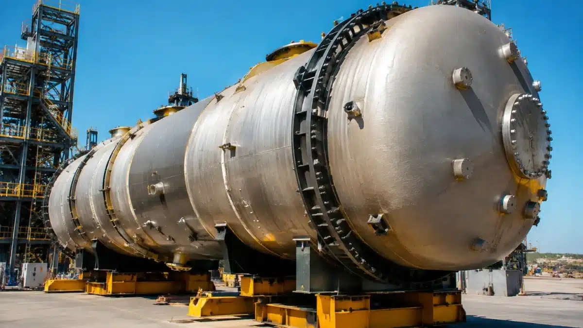 Reacteur nucleaire massif pose horizontalement dans installation industrielle