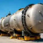 Reacteur nucleaire massif pose horizontalement dans installation industrielle