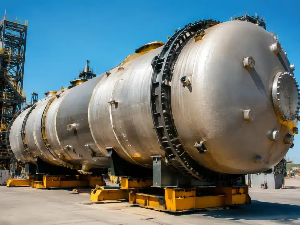Reacteur nucleaire massif pose horizontalement dans installation industrielle