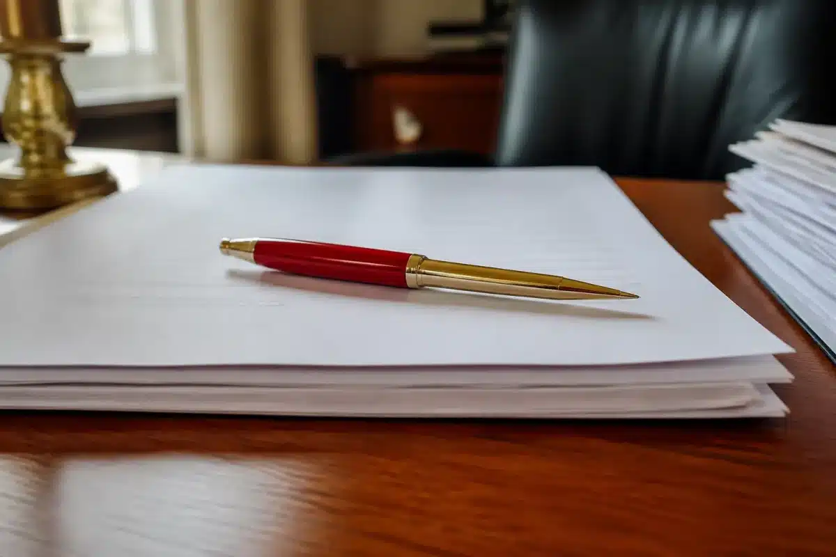 Document officiel avec stylo rouge sur bureau administratif