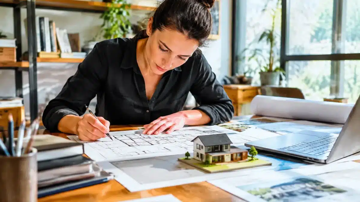 Architecte examinant plans maison réduite sur table de travail