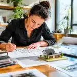 Architecte examinant plans maison réduite sur table de travail