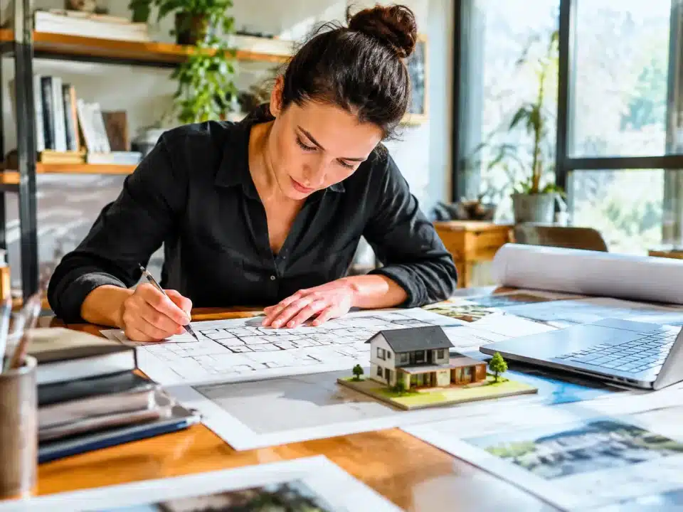 Architecte examinant plans maison réduite sur table de travail