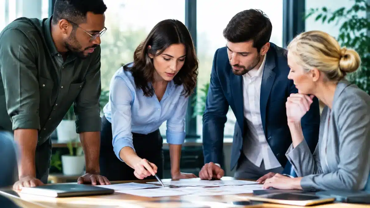 Groupe de professionnels debout autour table discutant documents travail