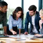 Groupe de professionnels debout autour table discutant documents travail