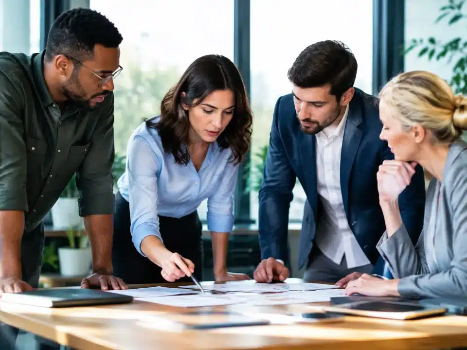 Groupe de professionnels debout autour table discutant documents travail