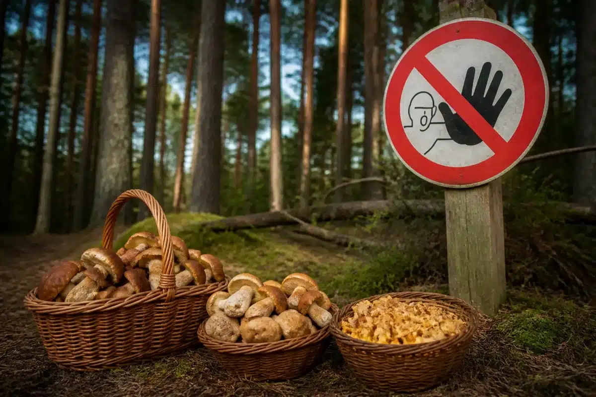 Paniers de champignons dans forêt avec panneau interdiction