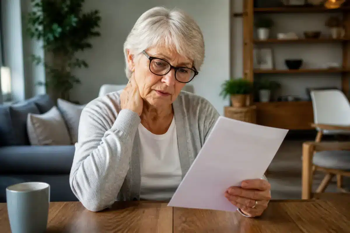 Femme age soixante-sept ans consultant document pension retraite