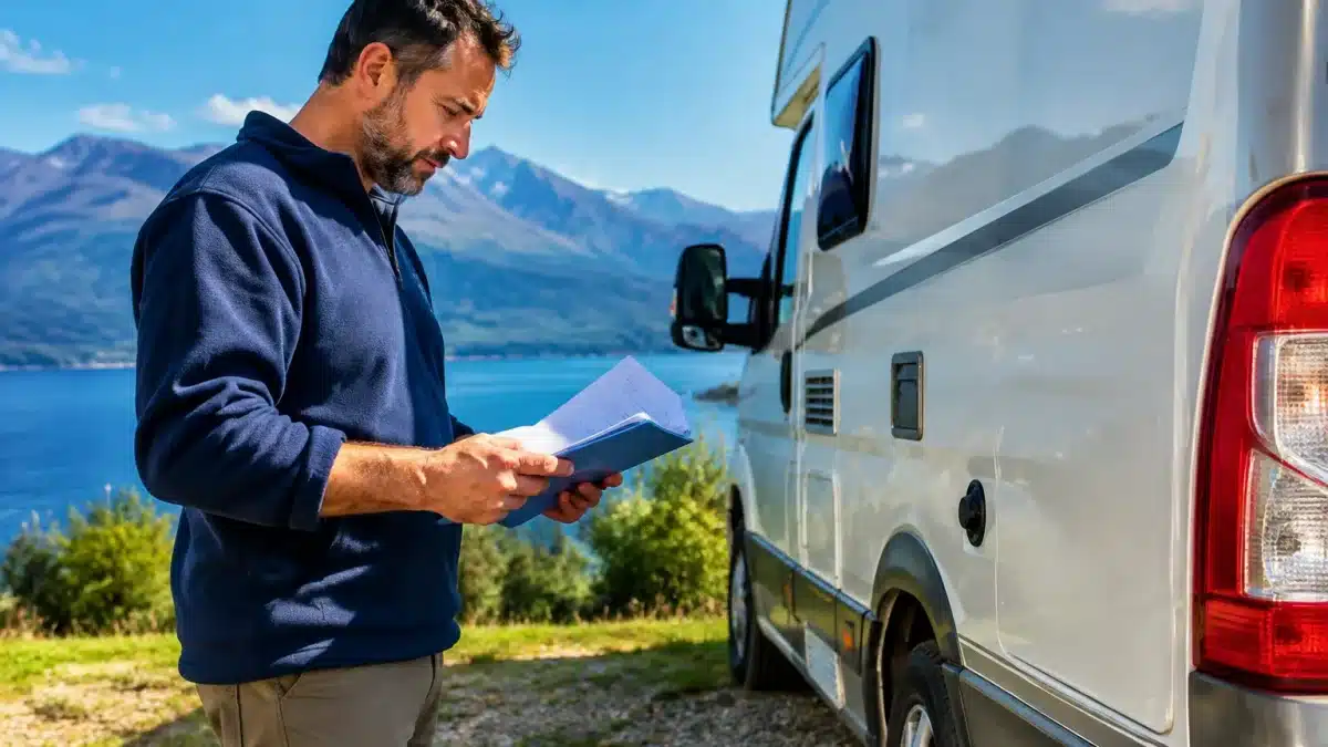 Homme tenant documents pres camping-car stationnaire inspectant details